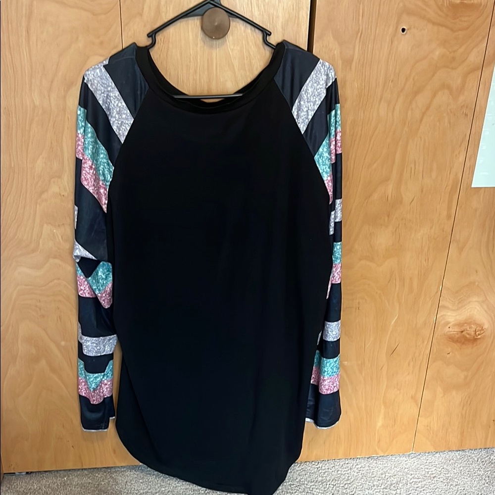 Stylish Black Long Sleeve Top with Colorful Stripes